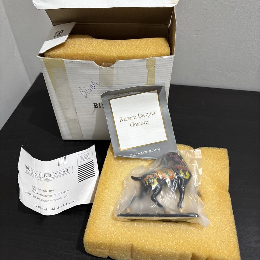 Franklin Mint Russian Laquer Unicorn Hand Painted Porcelain Black 1991 NEW